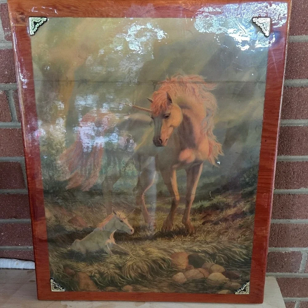 Vintage Unicorn Wood Plaque Wall Art Fantasy Mythical Mother & Baby 16x20 80s